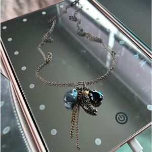 Bronze Necklace with a Bedazzled Shark Tooth & Black Gem &  Moss Agate Stone